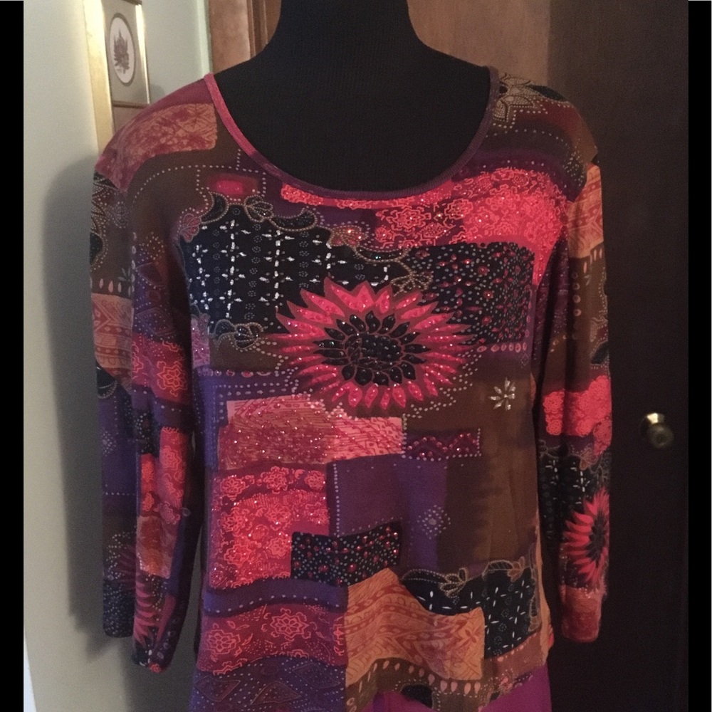 Ash & Sara Beaded 3/4 Sleeve Floral Top Size Large